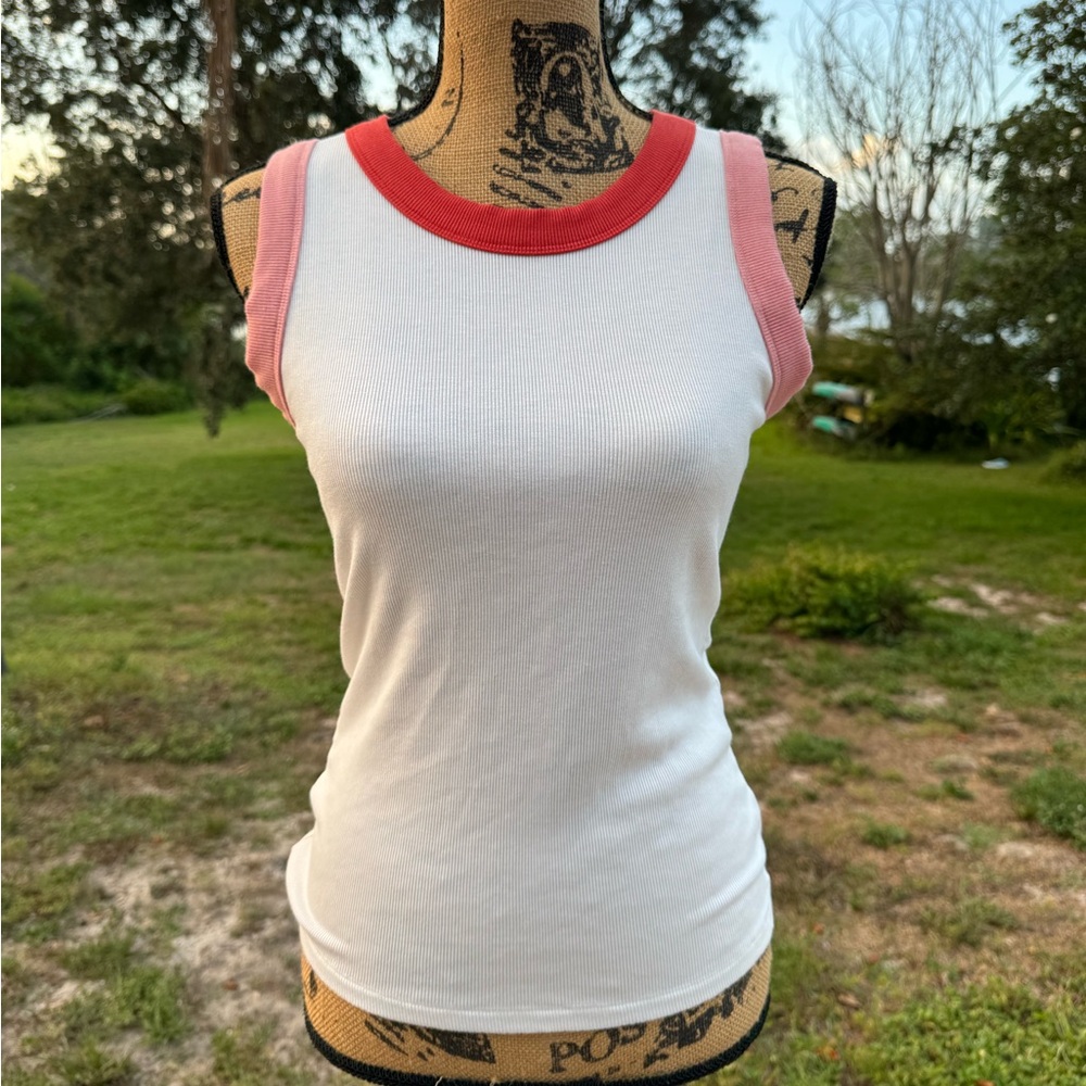 Evereve White Ribbed Tank with Coral Pink Trim